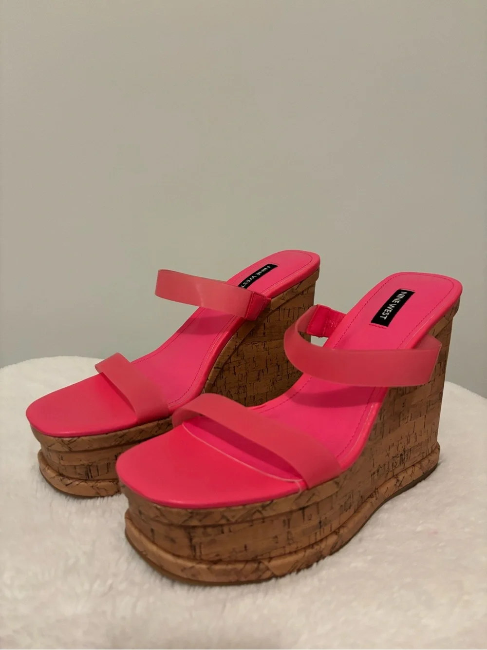 Nine West Neon Pink Cork Platform Wedge Sandals